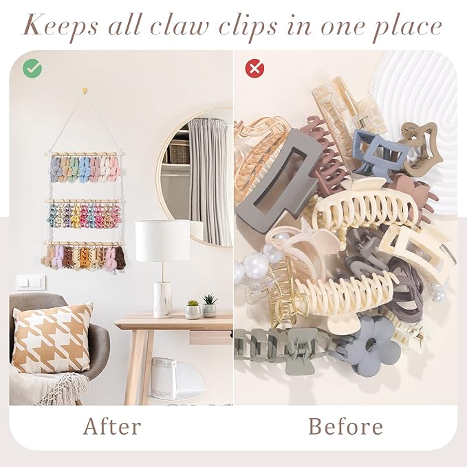 SNOWSTAR Macrame Hair Claw Clip Organizer with 30 Metal Rings,Hanging Hair Clip Holder and Storage for Women Girls,Claw Clips Hanger Home Decor for Wall,Door,Closet
