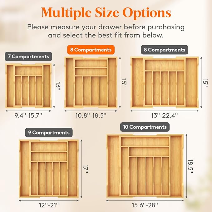 Lifewit Silverware Drawer Organizer, Expandable Utensil Tray for Kitchen, Flatware and Cutlery Holder, Wood Adjustable Storage for Spoons Forks Knives, 28-47 x 38cm, Natural
