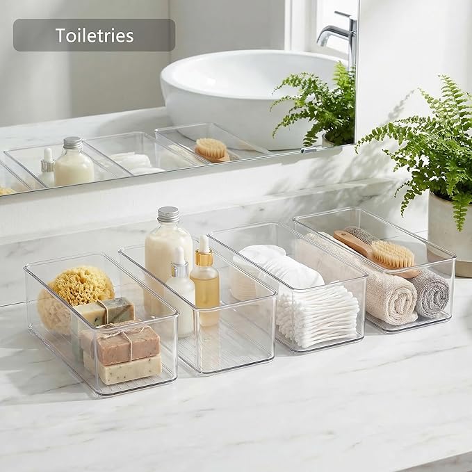 Qilinba 8 PACK Drawer Organizer Bins Bathroom Deep Drawer Silverware Organizers Clear Stackable Storage Bins for Vanity, Pantry, Office, Cabinet, Kitchen Counter Organization and Storage