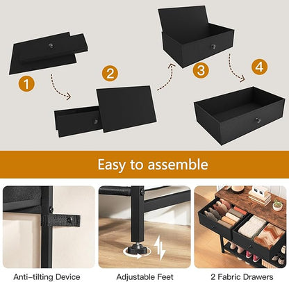 usikey Shoe Rack, 4 Tier Shoe Storage Organizer with 2 Drawers, Metal Shoe Shelf for 9-12 Pairs of Shoes, with 3 Oxford Fabric Shelves and Wooden Top, Shoe Stand for Closet Entryway, Black UNYXJX012H