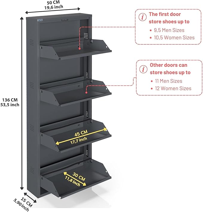 CEHA 4 Tier Metal Shoe Cabinet with Cover, Durable Shoe Storage Organizer for Entryway, Space Saving Shoe Shelf Closet with Side Ventilation Holes, 5.91" x 53.5" x 19.68", Anthracite