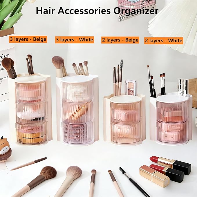 Hair Accessories Organizer with Hair Brush Holder, Rotatable Makeup Brush Holder for Necklaces, Earring, Bracelet, Ring, Makeup Brushes, Hair Clip and Hair Accessories (2 Layer Beige)