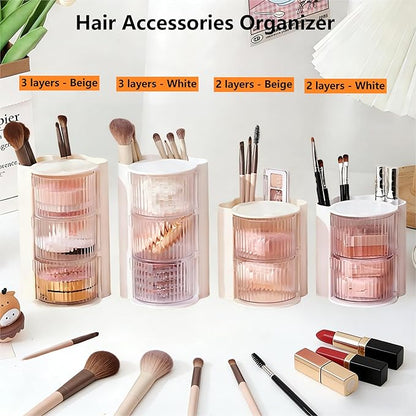 Hair Accessories Organizer with Hair Brush Holder, Rotatable Makeup Brush Holder for Necklaces, Earring, Bracelet, Ring, Makeup Brushes, Hair Clip and Hair Accessories (2 Layer Beige)