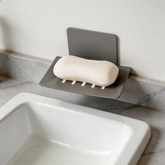 2 Pack Soap Dishes for Bathroom, Bar Soap Holder with Self Draining Tray, Soap Tray for Shower Wall, 4 Slot Self-Adhesive Soap Container (Gun Grey)