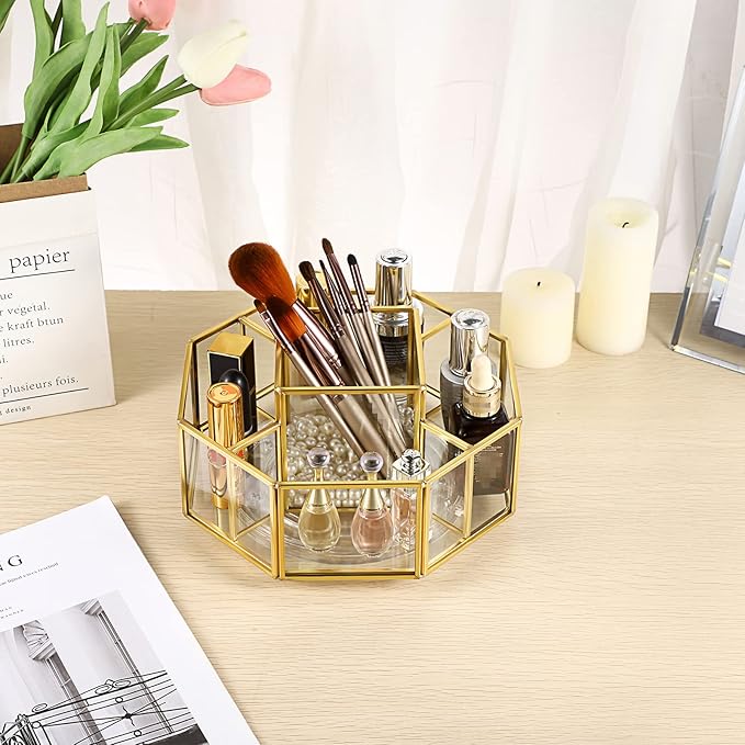 Hipiwe 360 Degree Rotating Glass Makeup Organizer- 5 Slots Gold Metal Cosmetic Storage Display Holder Octagon Dresser Bathroom Spinning Vanity Organizer For Makeup Brushes, Lipsticks, Perfume