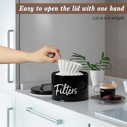 DRASTAR Coffee Filter Holder, Black Filter Storage with Lid for Counter, Storage Basket Container for Coffee Bar Accessories Decor