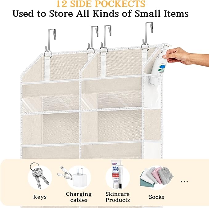 2 Pack Over The Door Organizer 6 Tiers, Extra Large Behind Door Storage of 12 Compartments, 80 lbs Weight Capacity Hanging Storage Organizer with Clear Window Kids Toys,Shoes (6 Tiers - Beige)