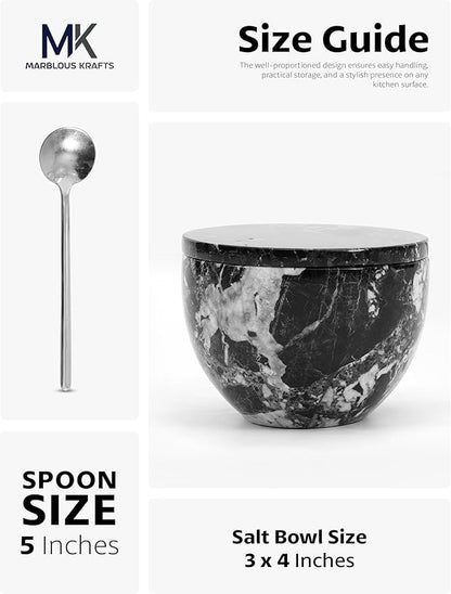 MARBLOUS KRAFTS Marble Salt Cellar with Lid and Spoon Black Zebra 3 x 4 Spice Container for Kitchen Countertop, 4.7 oz, Sugar Candy Bowl, Seasonings, and Kosher Salt, Perfect Mother’s Day Gift for Mom