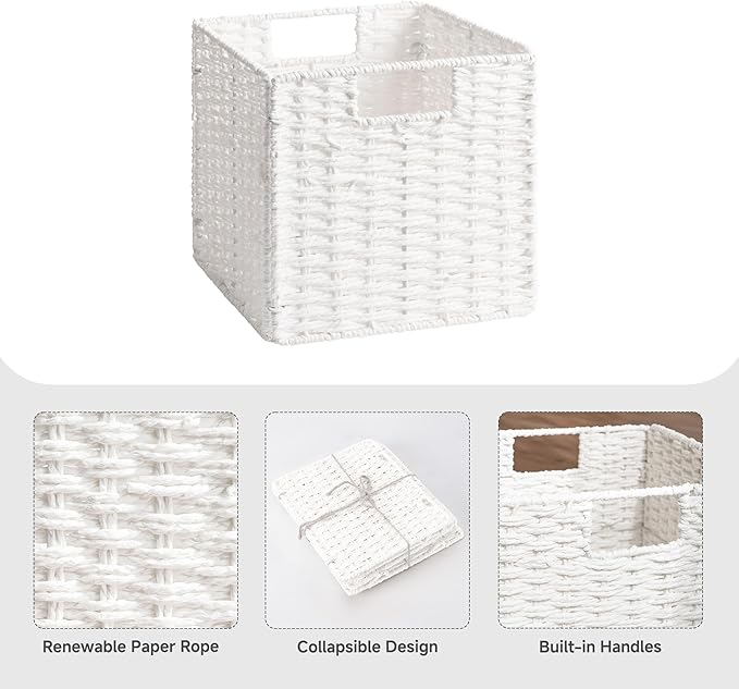 StorageWorks 9 inch Wicker Storage Cubes, Handwoven Wicker Baskets for Storage, Square Cube Basket, Foldable Paper Rope Basket for Organizing, White, 2 Pack