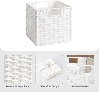StorageWorks 9 inch Wicker Storage Cubes, Handwoven Wicker Baskets for Storage, Square Cube Basket, Foldable Paper Rope Basket for Organizing, White, 2 Pack