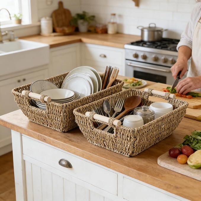 2 Pack Wicker Storage Baskets with Wooden Handles, Large Seagrass Basket for Organizing Shelves, Natural Woven Storage Baskets for Snack, Gift
