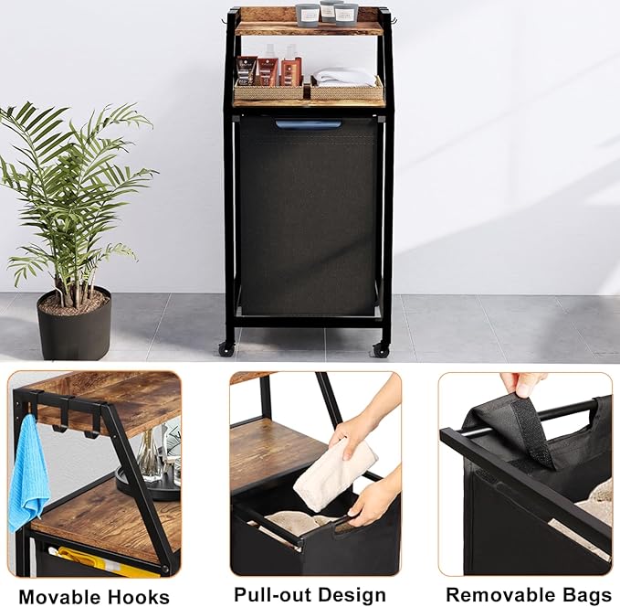 Timberer Laundry Hamper, Laundry Sorter, Rolling Laundry Basket with Wheels, 2 Shelves, 18 Gal(68L), Pull-Out and Removable Oxford Fabric Bags, for Laundry Room, Black and Rustic Brown