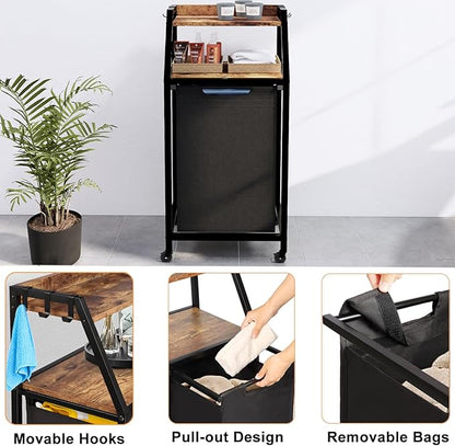 Timberer Laundry Hamper, Laundry Sorter, Rolling Laundry Basket with Wheels, 2 Shelves, 18 Gal(68L), Pull-Out and Removable Oxford Fabric Bags, for Laundry Room, Black and Rustic Brown