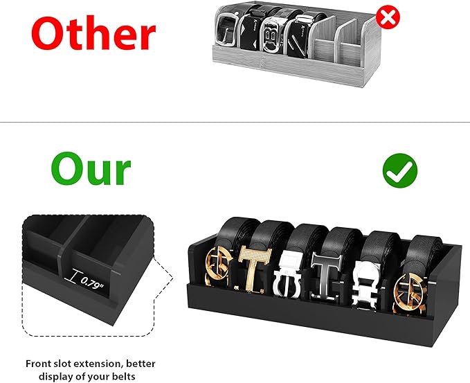 Belt Organizer for Drawer - Bamboo Belt Storage Organizer | Belt Rack for Closet Wall Mount Men Women Tie Sock Bra Scarf Ribbon (Black, 6 Grids)