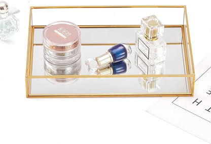 Gold Mirror Decorative Tray Jewelry Perfume Organizer Vanity Tray, Dresser Tray, Bathroom Bedroom Cosmetics Storage, Metal and Glass, Rectangular, 11.8"x7.9"x2"