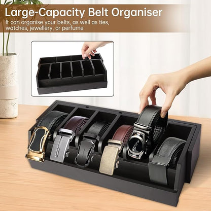 Wooden Belt Organizer, 10 Compartments Belt Organizer for Closet and Drawer, Stylish Belt Storage Display Holder for Men Women’s Belts, Ties, and Jewelry, Black
