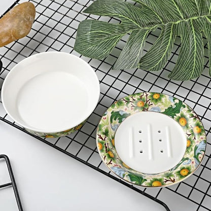 Floral Decorative Self Draining Soap Dish, Double-Layer Round Soap Tray, Vintage Ceramic Soap Dish (Style A)