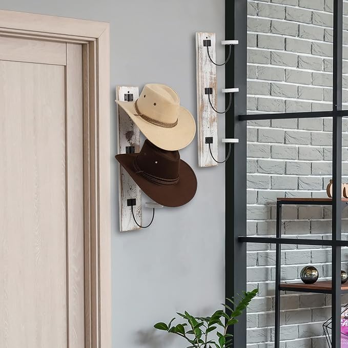 MyGift 2 Pcs Hat Rack Wall Mount, Cowboy Hat Organizer Holder, Coat, Cap Clothes Hanger with Metal Wire and Wood Hooks, Whitewashed