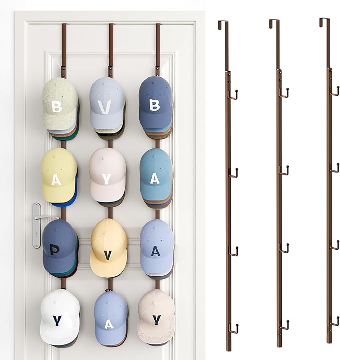 SWTYMIKI Over Door Hat Rack - 3 Packs Metal Hanging Hat Organizer with 12 Hooks Design, Baseball Cap Hanger Organizer Storage Holds up to 60 Caps for Door, Bedroom, Closet