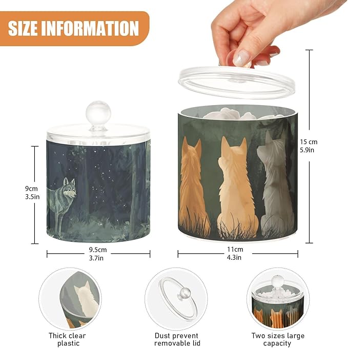 2 Pack Qtip Dispenser Apothecary Jars with Lids Cotton Round Holder Bathroom Canisters for Cotton Swab Floss Ball Pads Clear Plastic Decorative Green Wolves Mountain Forest
