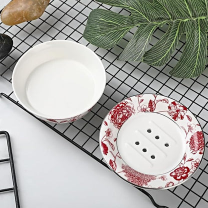 Floral Decorative Self Draining Soap Dish, Double-Layer Round Soap Tray, Vintage Ceramic Soap Dish (Style C)