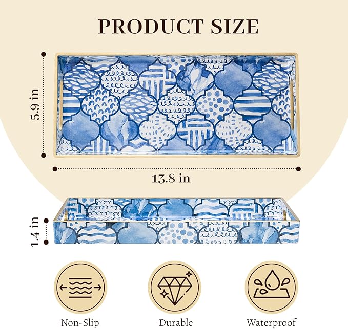 MAONAME Plastic Vanity Tray, Bathroom Counter Tray, Decorative Trays with Handles, Storage Dresser Trays Organizer for Toilet Tank, Jewelry, Makeup, 13.8" x 6" x 1.57"