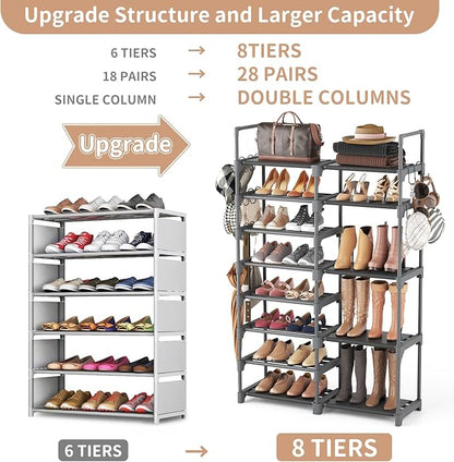 ROJASOP Shoe Rack, Shoe Storage Organizer for Closet Entryway Garage Bedroom, 8 Tier Tall Metal Shoe Shelf for 26-32 Pairs Boots & Shoes, Adjustable Shoe Stand for Small Space