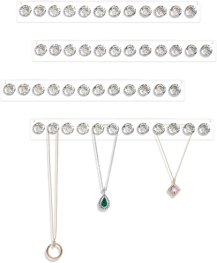 Mymazn 4 Pack Acrylic Necklaces Holder Hanging Jewelry Organizer Wall Mounted Necklace Hangers with 12 Hooks, Clear Jewelry Hangers for Necklace Organizer for Girls Women, Necklace Storage Organizer
