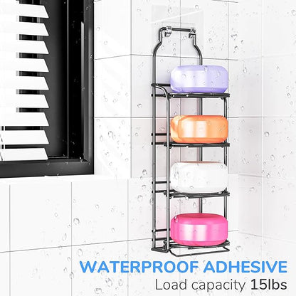 galasily Shower Soap Shampoo Bar Holder, Self Adhesive&Freestanding Draining Soap Caddy for Bathroom Wall Accesories, Apartment Essentials Decor (Black, 4-Tier)