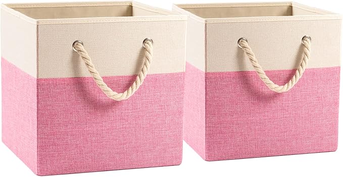 PRANDOM Large Foldable Cube Storage Bins 13x13 inch [2-Pack] Fabric Linen Storage Baskets Cubes Drawer with Cotton Handles Organizer for Shelves Nursery Closet Bedroom Pink