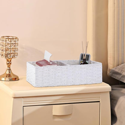 Vagusicc 2 Section Wicker Storage Basket, Wicker Baskets for Storage, Toilet Paper Basket for Toilet Tank Top, Small Wicke Baskets for Organizing Shelves, 2-Pack, White