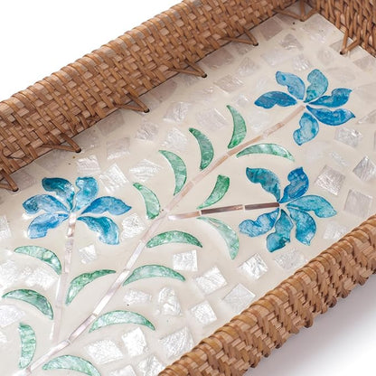 2 Pack Rattan Bathroom Vanity Tray with Mother of Pearl Inlay, Toilet Tank Tray, Toilet Basket Tank Topper, Bathroom Basket for Organizing and Decor (Narcissus)