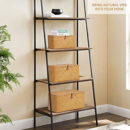 FEILANDUO Wicker Shelf Basket with Lids, Seagrass Storage Baskets Bins Rectangular Woven Baskets Boxes for Organizing Multipurpose Container Boho Home Decor Set of 3