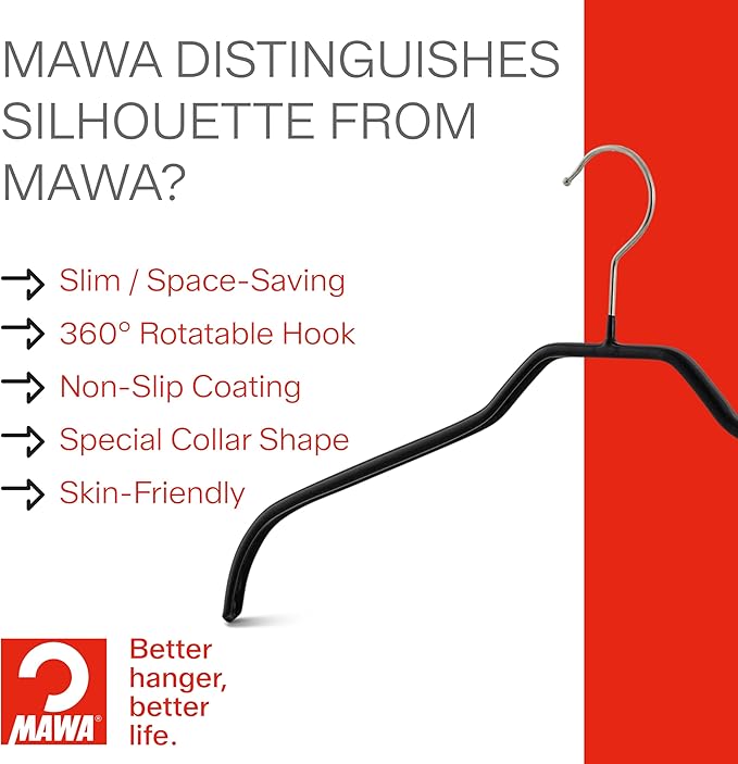 Mawa Clothing Hangers, Steel Hanger with Non-Slip Coating, for Shirts, Dresses, Camisoles, T-Shirts, 360-degree Rotatable Hook