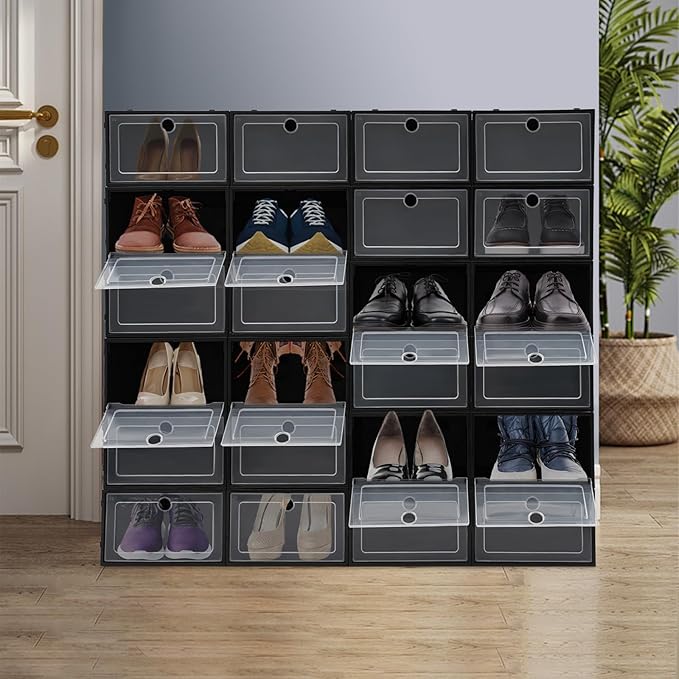 24 Pack Stackable Shoe Boxes with Clear Lids - Foldable Shoe Storage Organizer for Closet Cabinet, Color Options for Sneakers Flats Home Organization (Black)