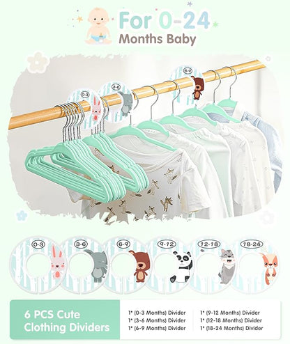 VIS'V Baby Hangers, 11 Inch Velvet Kids Hangers with 6 Pcs Clothes Size Dividers, Infant Toddler Nursery Closet Organization, Non Slip, Mint Green, 50 Pcs