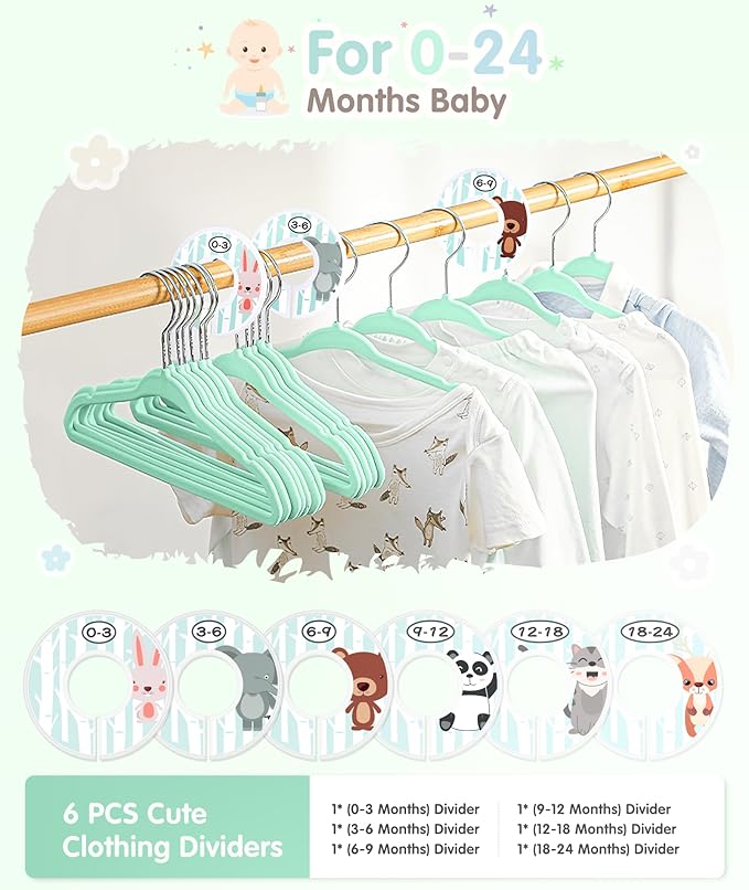 VIS'V Baby Hangers, 11 Inch Velvet Kids Hangers with 6 Pcs Clothes Size Dividers, Infant Toddler Nursery Closet Organization, Non Slip, Mint Green, 30 Pcs