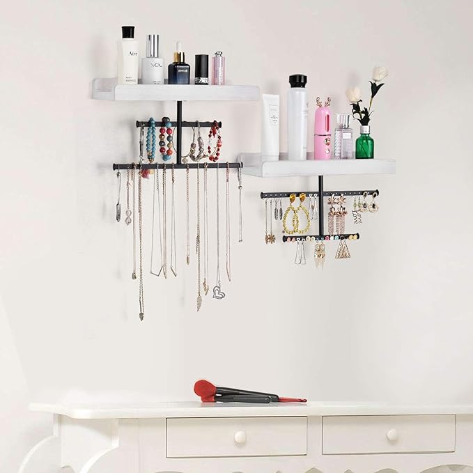Keebofly Hanging Wall Mounted Jewelry Organizer with Rustic Wood Jewelry Holder Display for Necklaces Bracelet Earrings Ring Set of 2 White,[Patented]