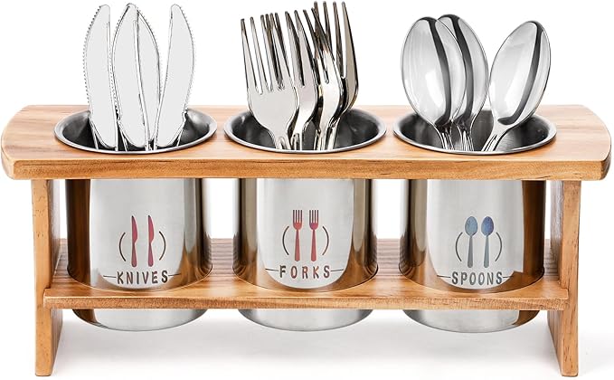 Lyellfe Silverware Holder for Countertop, Stainless Steel Cutlery Utensil Organizer with Bamboo Stand, Flatware Holder for Spoon, Fork, and Knife