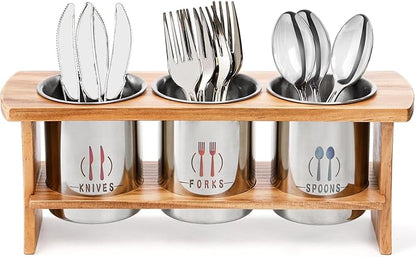 Lyellfe Silverware Holder for Countertop, Stainless Steel Cutlery Utensil Organizer with Bamboo Stand, Flatware Holder for Spoon, Fork, and Knife