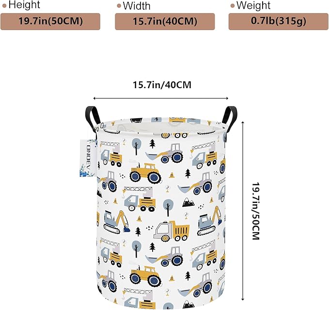 Round Construction Truck Collapsible Laundry Hamper for Nursery,Cute Forest Vehicles Excavator Toy Storage Bin for Kids Boys,Storage Basket for Home,Bedroom,Playroom,New Parent Gift(Excavator)