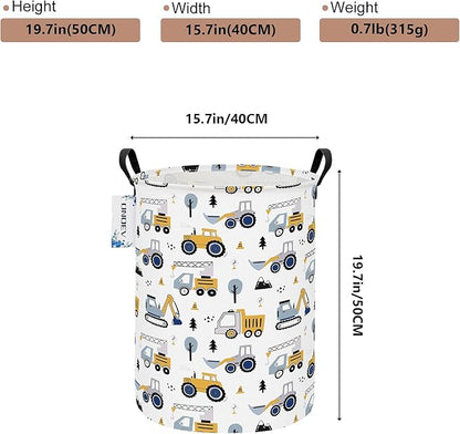 Round Construction Truck Collapsible Laundry Hamper for Nursery,Cute Forest Vehicles Excavator Toy Storage Bin for Kids Boys,Storage Basket for Home,Bedroom,Playroom,New Parent Gift(Excavator)