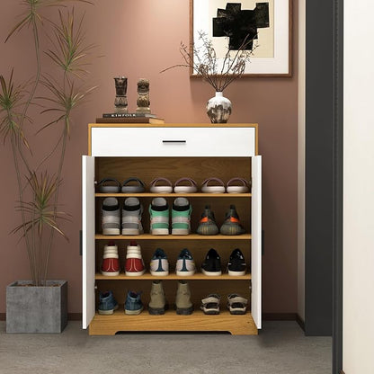 Shoe Cabinet with Drawer, Modern Shoe Storage Cabinet with Doors, 4 Tiers Narrow Shoe Organizer for Entryway, Foyer, Hallway, Natural & White