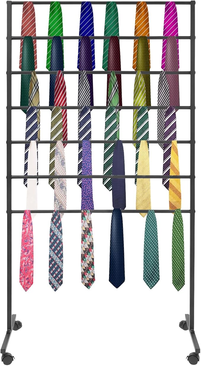 7 Tiers Rolling Display Tie & Scarf Rack Towel Belt Pants Hangers Ribbon Organizer Hijab Stand, Floor Standing Tie Scarves Hanging Rack Necktie Holder for Home Commercial Clothing Retail Store