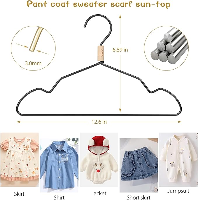 VWV Black Aluminum Hangers, 20 Pack Baby Hangers?12.6 Inch Children Baby Hanger, Sturdy Metal Children Clothes Hangers for Wardrobe, Space-Saving Toddler Hanger