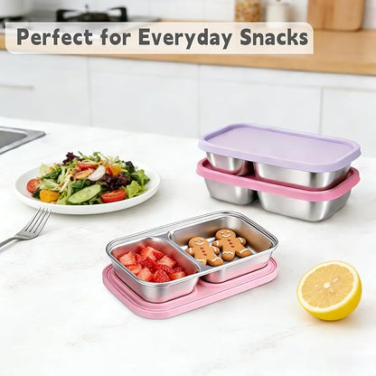 3 Pack Stainless Steel Snack Containers with Silicone Lids, 2-Compartment Snack Containers for Lunch, Office, Travel & Camping (Muted Lilac, Blush Pink, Dusty Rose)