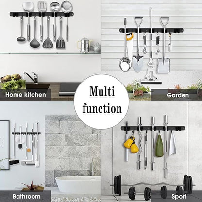 AceMining 2 Pack Black 5 Racks and 4 Hooks Mop and Broom Holder Wall Mount, Broom Organizer Storage Tool Racks Stainless Steel Heavy Duty Hooks Self Adhesive Solid Non-slip for Home Kitchen Garden