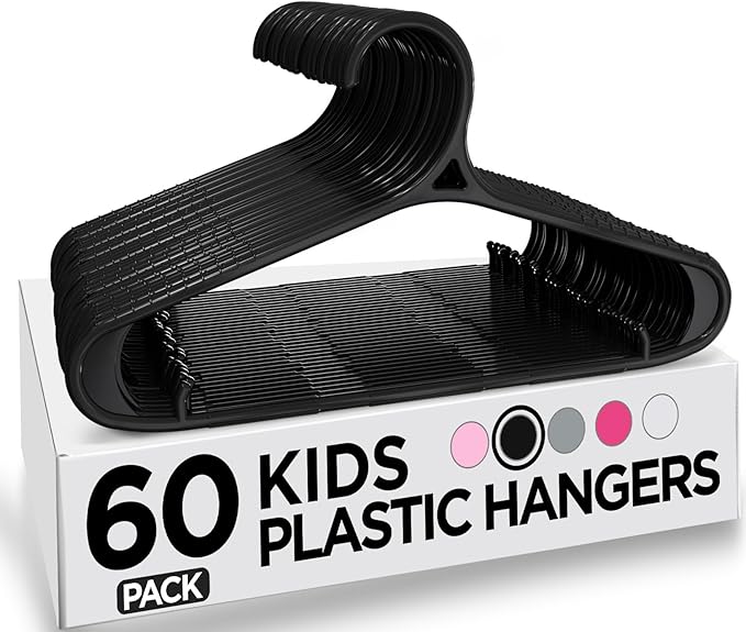 Utopia Home Kids Hangers 60 Pack - 11 Inch Plastic Baby Hangers for Closet - Childrens Hanger for Clothes & Infant Hanger for Closet - Non-Slip Shoulder Grooves, Strap Hooks & Pants Bar (Black)