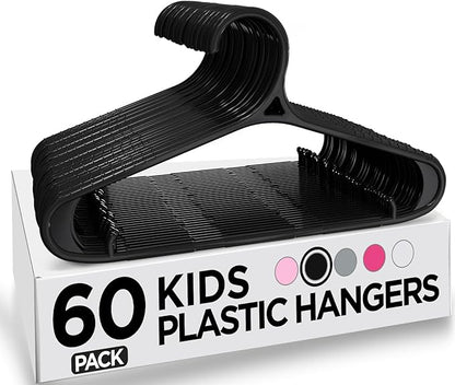 Utopia Home Kids Hangers 60 Pack - 11 Inch Plastic Baby Hangers for Closet - Childrens Hanger for Clothes & Infant Hanger for Closet - Non-Slip Shoulder Grooves, Strap Hooks & Pants Bar (Black)