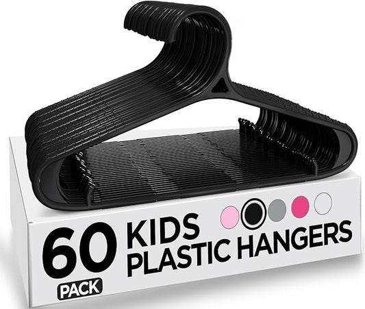 Utopia Home Kids Hangers 60 Pack - 11 Inch Plastic Baby Hangers for Closet - Childrens Hanger for Clothes & Infant Hanger for Closet - Non-Slip Shoulder Grooves, Strap Hooks & Pants Bar (Black)
